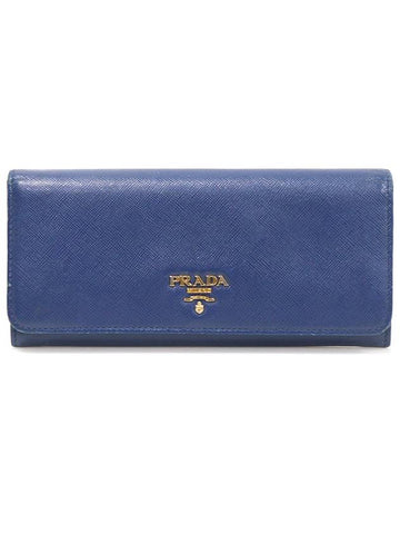 1M1132 Blue Saffiano Leather Gold Lettering Logo Long Wallet - PRADA - BALAAN 1