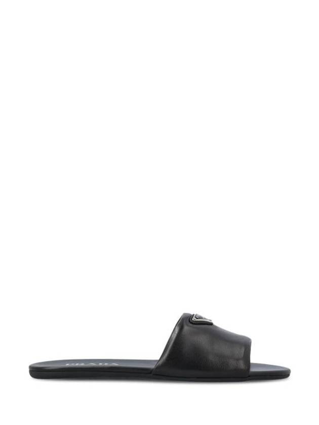 Logo Leather Slide Slippers Black - PRADA - BALAAN 1