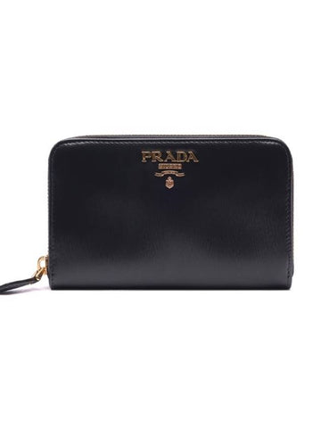 Vitello Gold Logo Zip Around Medium Wallet Black - PRADA - BALAAN 1