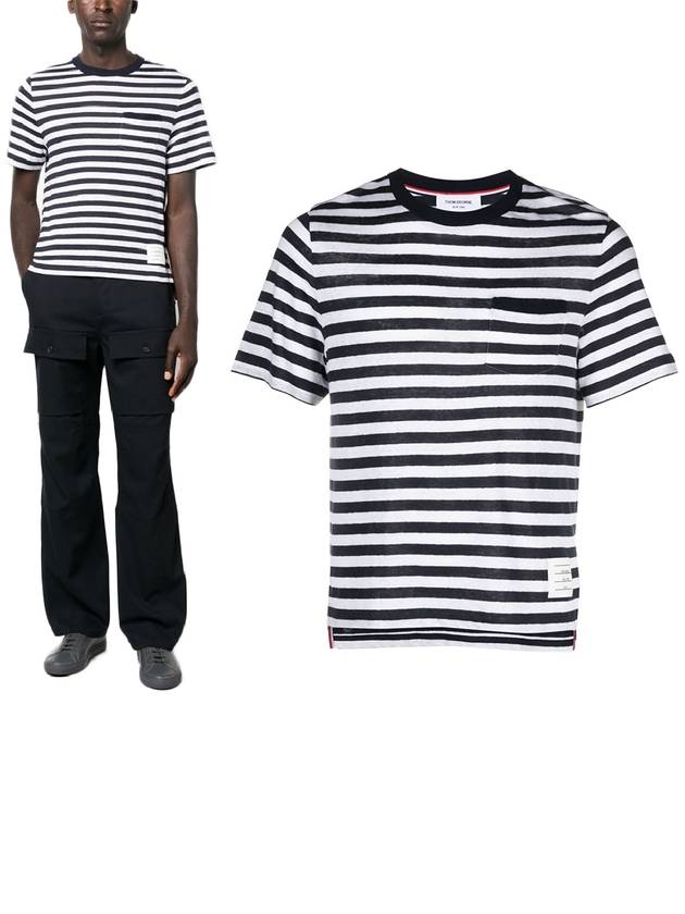 Striped Linen Short Sleeve T-Shirt White Navy - THOM BROWNE - BALAAN 2