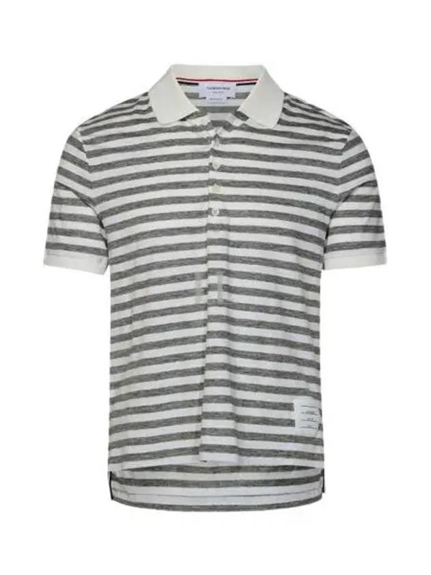 Striped Linen Polo Shirt Grey White - THOM BROWNE - BALAAN 2