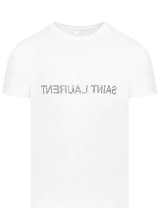 Reverse Logo Print Cotton Short Sleeve T-Shirt White - SAINT LAURENT - BALAAN 2