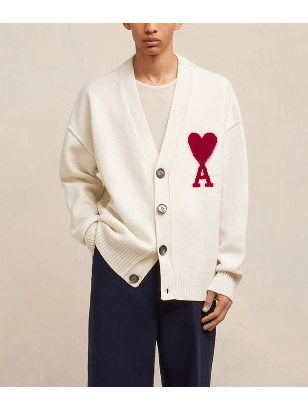 Heart Logo V Neck Wool Cardigan Off White - AMI - BALAAN 2