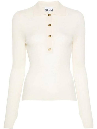 Logo Flaque Button Wool Polo Knit Top Beige - GANNI - BALAAN 1