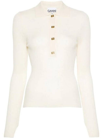 Logo Flaque Button Wool Polo Knit Top Beige - GANNI - BALAAN 1