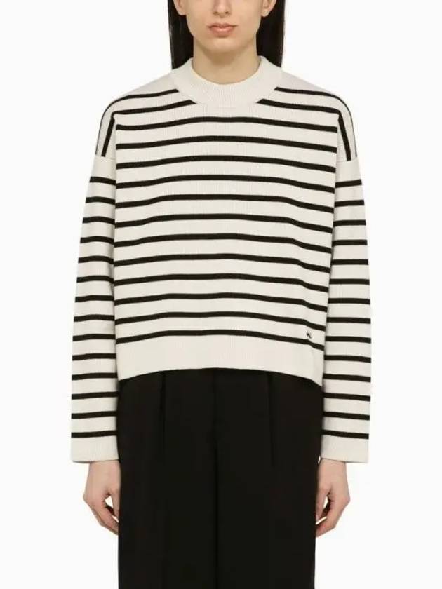 Embroidery Logo Sailor Crew Neck Striped Knit Top Black Chalk - AMI - BALAAN 2