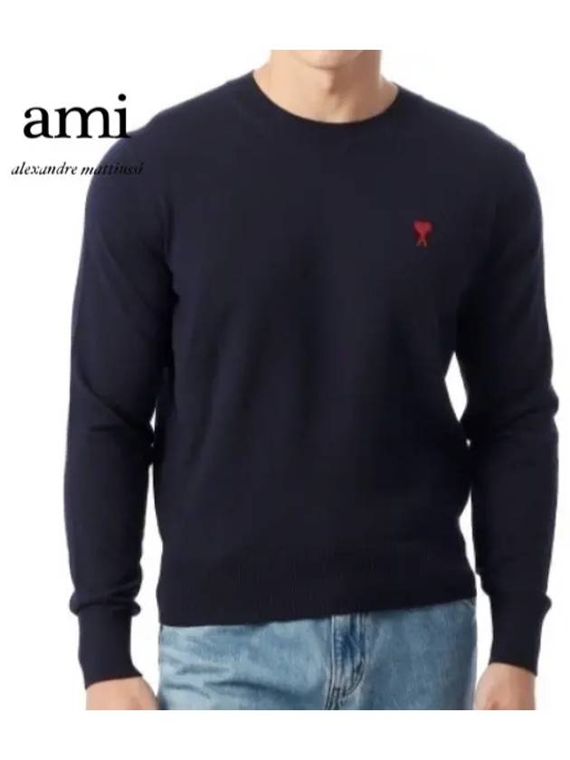 Heart Embroidered Logo Crew Neck Knit Top Navy - AMI - BALAAN 2