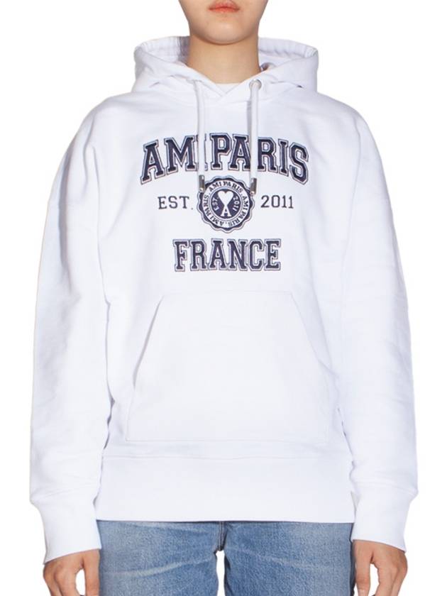 Paris France Oversized Organic Cotton Fleece Hoodie White - AMI - BALAAN 2