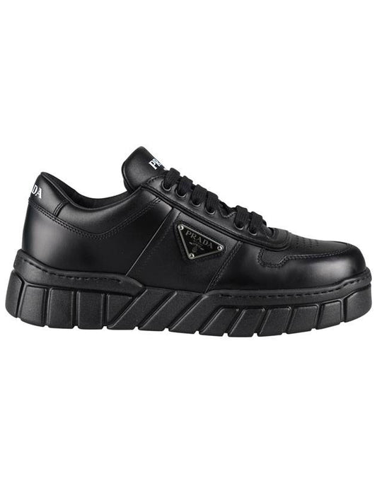 Triangle Logo Leather Low Top Sneakers Black - PRADA - BALAAN 1