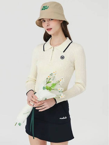 Rayon collar neck half zip-up ribbed knit IVORY - MONBIRDIE GOLF - BALAAN 1