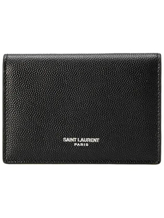 Business Flap in Grain De Poudre Embossed Leather Card Wallet Black - SAINT LAURENT - BALAAN.