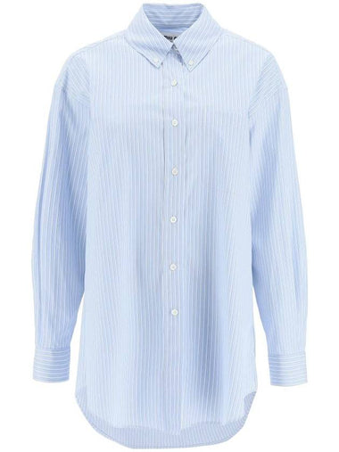 Logo Patch Stripe Cotton Long Sleeve Shirt Blue - MIU MIU - BALAAN 1