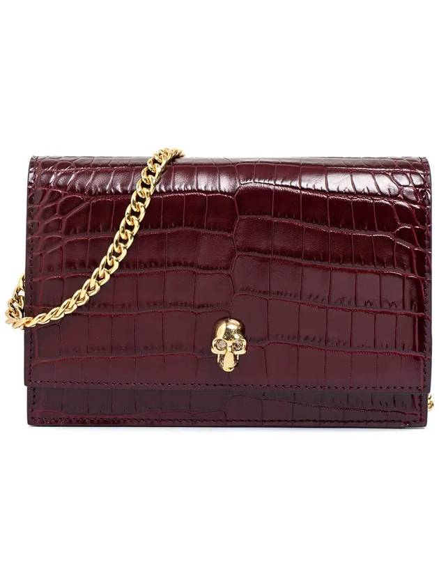 Gold Plated Skull Crocodile Leather Mini Shoulder Bag Burgundy - ALEXANDER MCQUEEN - BALAAN.