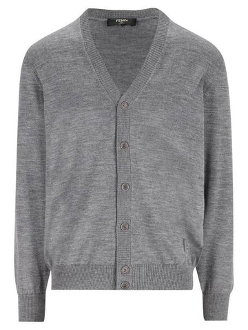 Men's V-Neck Wool Cardigan Grey - FENDI - BALAAN 1