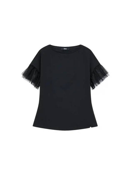 30 9 29 Women s Frill Sleeve Crew Neck T Shirt Black 270076 - HERNO - BALAAN 1