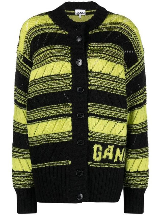 Logo Stripe Pattern Knit Cardigan Black - GANNI - BALAAN 1