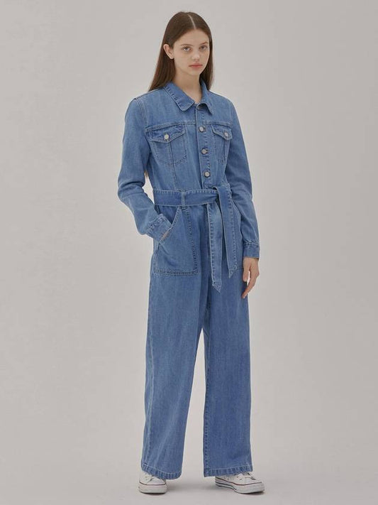 RYUL+WAI: Denim Belt Jumpsuit Blue - RYUL+WAI: - BALAAN 1