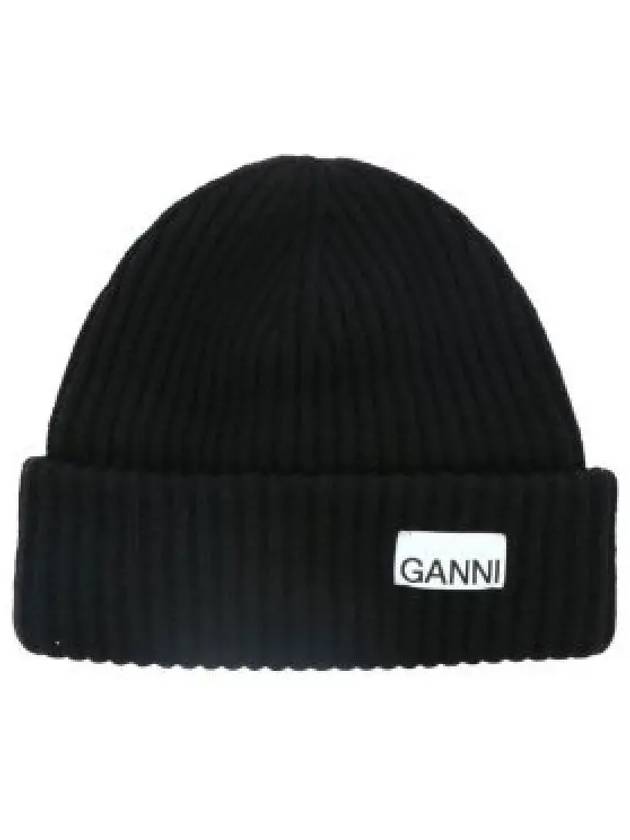 Logo Patch Knit Beanie Black - GANNI - BALAAN 2