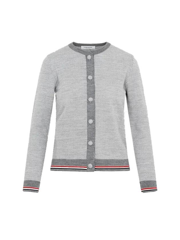 Herringbone Crew Neck Wool Cardigan Light Grey - THOM BROWNE - BALAAN 1