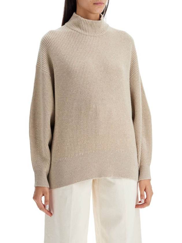 Oversized Beige Ribbed Sweater In Cashmere, Wool And Lurex Woman - BRUNELLO CUCINELLI - BALAAN 4