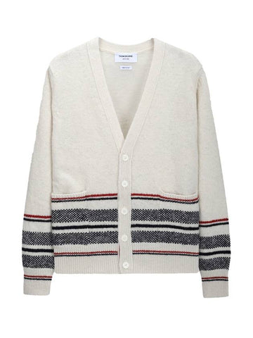 Seasonal Jacquard Striped V-neck Cardigan White - THOM BROWNE - BALAAN 1