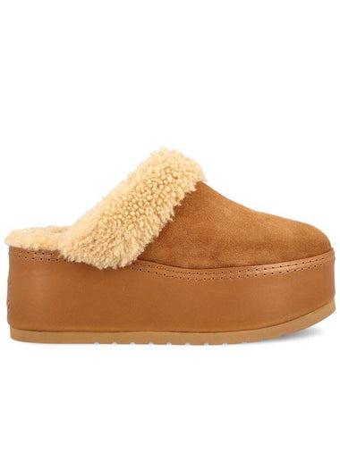 Dana Suede Calfskin Shearling Wedge Mules Cognac - CELINE - BALAAN 1