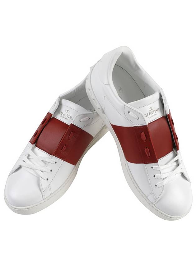 Men's Rockstude Open Leather Low Top Sneakers White Red - VALENTINO - BALAAN 3
