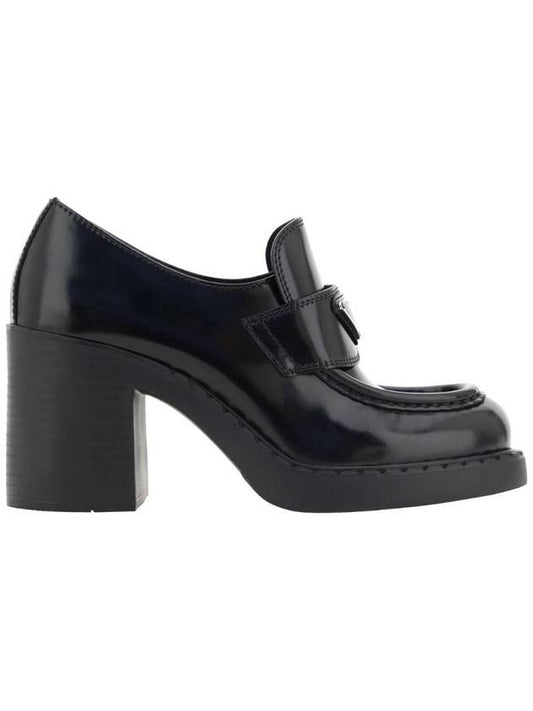 Chocolate Brushed Leather Heeled Loafers Black - PRADA - BALAAN 1