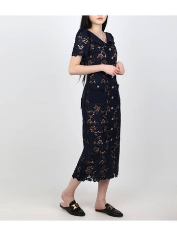 Navy lace open neck midi dress - SELF PORTRAIT - BALAAN 1