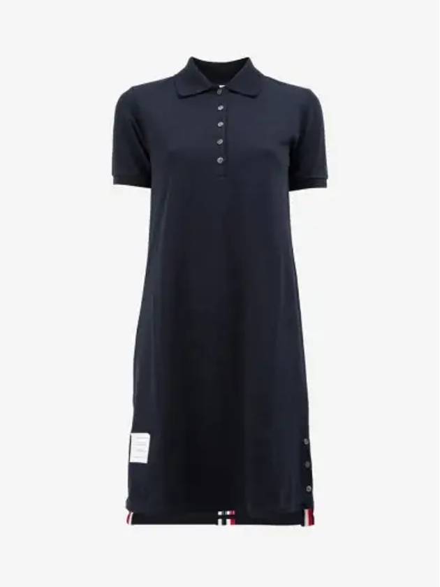 Classic Cotton Pique Center Back Stripe A-Line Short Sleeve Polo Short Dress Navy - THOM BROWNE - BALAAN 3