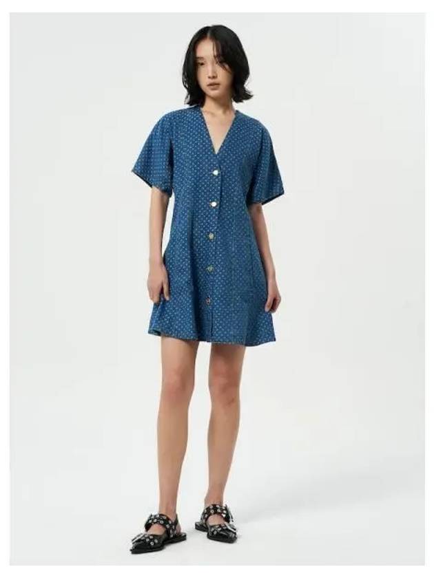 Light jacquard denim mini dress one piece mid blue stone domestic product GM0024051751664 - GANNI - BALAAN 1