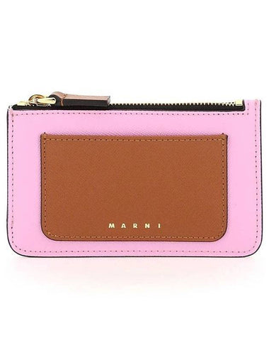 Saffiano Two-Tone Zipper Card Wallet Pink Brown - MARNI - BALAAN 1