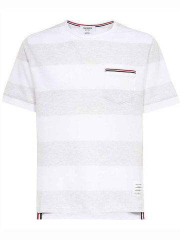 Men's Rugby Striped Pick Pocket Short Sleeve T-Shirt Pale Grey White - THOM BROWNE - BALAAN 1