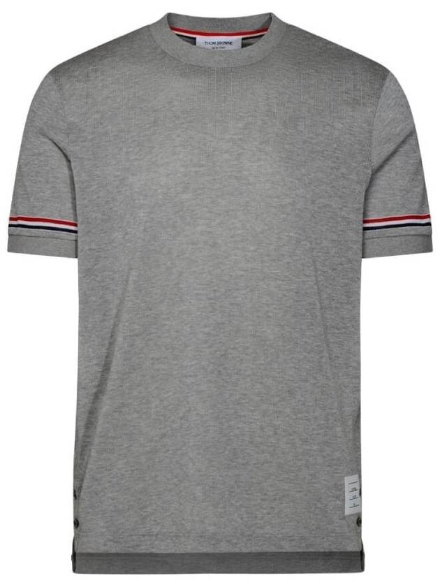 Striped Detail Crew Neck Cotton Short Sleeve T-Shirt Grey - THOM BROWNE - BALAAN 2