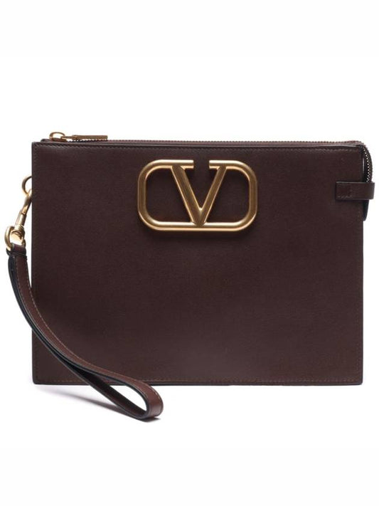 V logo signature clutch bag brown - VALENTINO - BALAAN.