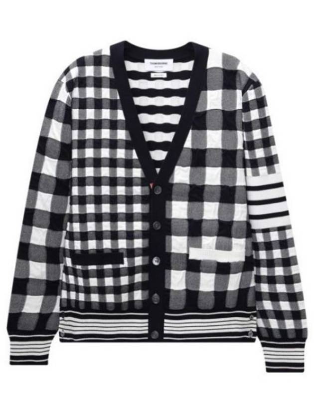 4-Bar Stripe Funmix Gingham Jacquard Cardigan Navy - THOM BROWNE - BALAAN 1