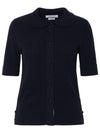 Button Up Merino Wool Short Sleeve Polo Knit Top Navy - THOM BROWNE - BALAAN 1