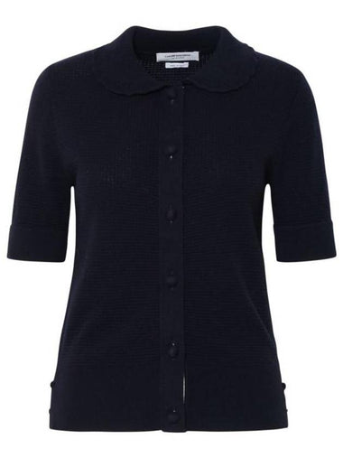 Button Up Merino Wool Short Sleeve Polo Knit Top Navy - THOM BROWNE - BALAAN 1