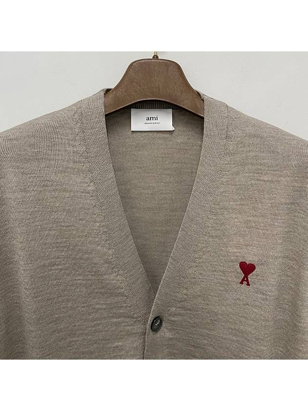 Red Heart Logo Merino Wool Cardigan Beige - AMI - BALAAN 5