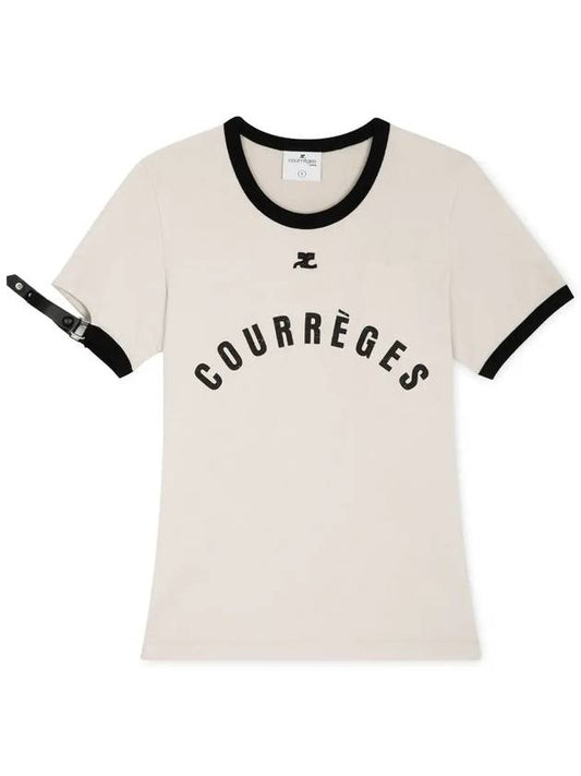 Courr ges Women s Buckle Contrast Limestone Black Short Sleeve T shirt 124JTS117 JS0093 B093 - COURREGES - BALAAN 1