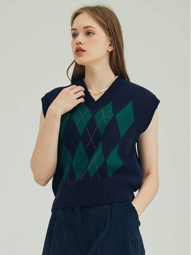 Argyle Merino Wool Vest Navy - OPENING SUNSHINE - BALAAN 1