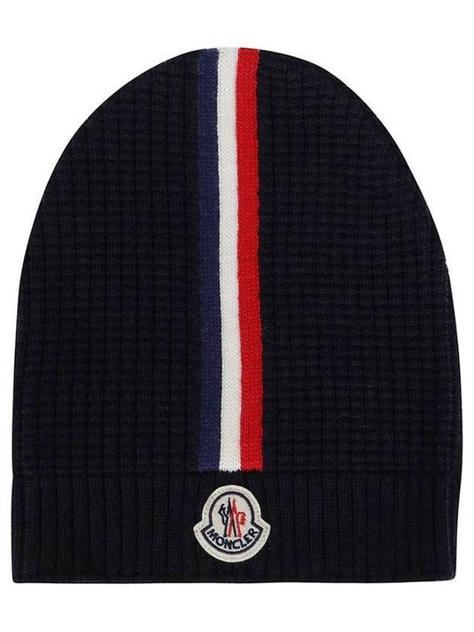 Logo Patch Three Stripes Beanie Navy - MONCLER - BALAAN.