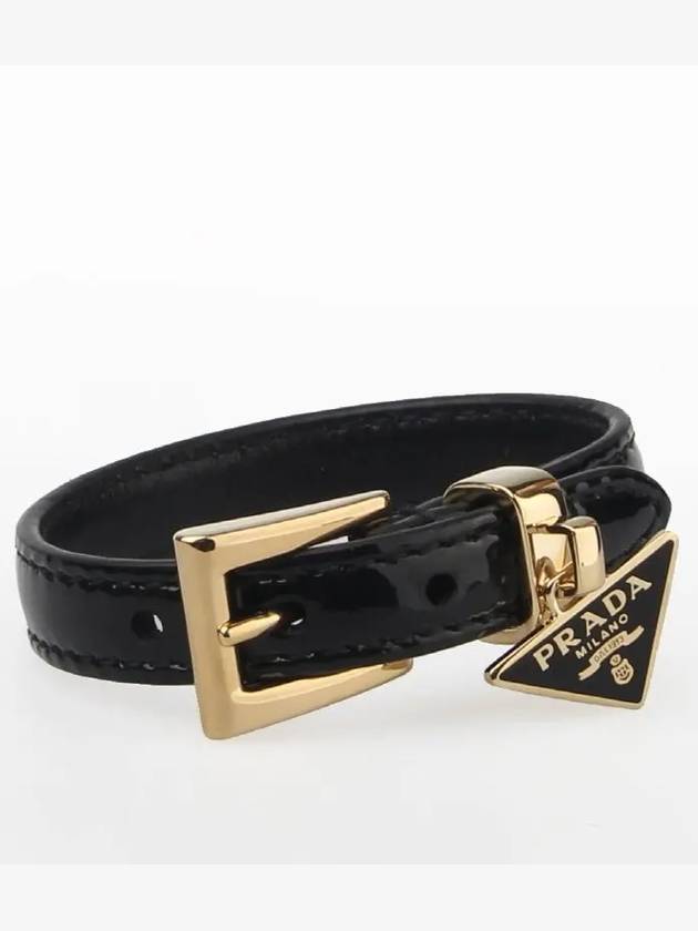 Saffiano Triangular Logo Buckle Leather Bracelet Black - PRADA - BALAAN 2