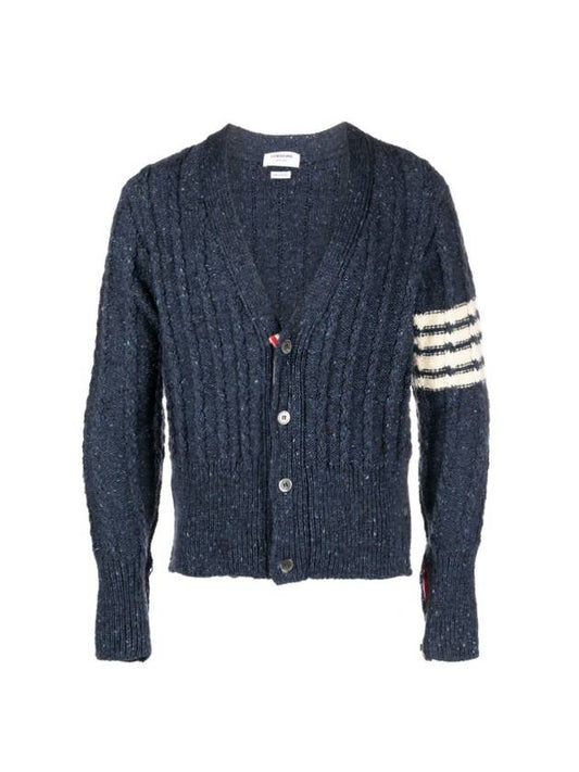 Donegal Twist Cable 4 Bar Classic V Neck Cardigan Blue - THOM BROWNE - BALAAN 2