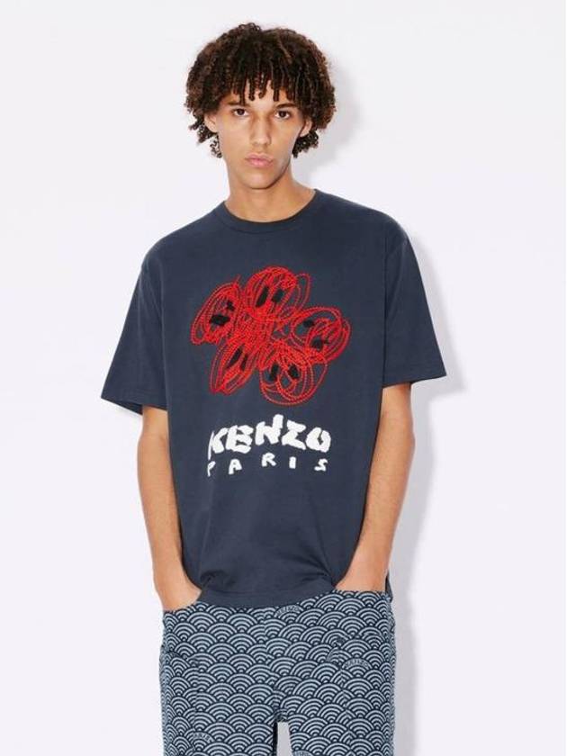 Drawn Varsity Embroidered Classic Cotton T-Shirt Midnight Blue - KENZO - BALAAN 3