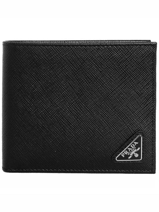 Triangle Logo Saffiano Half Wallet Black - PRADA - BALAAN 2