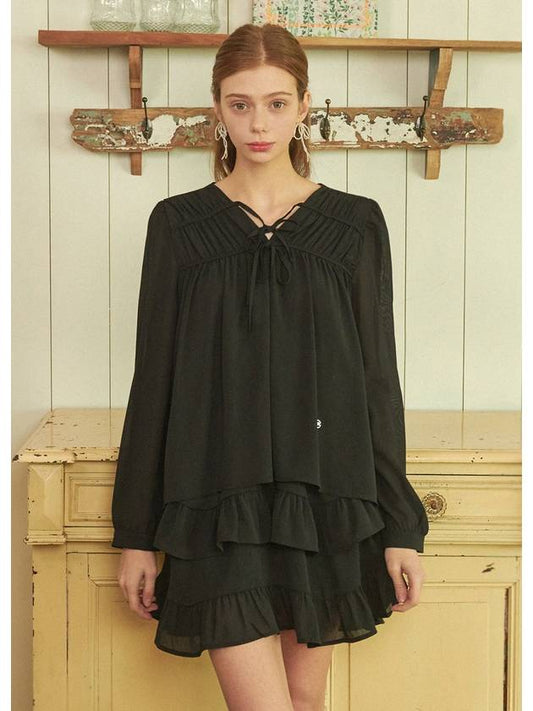 V-Neck Frill Short Dress Black - MICANE - BALAAN 2
