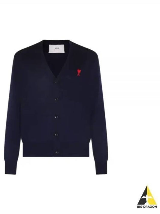 Small Heart Logo Wool Cardigan Navy - AMI - BALAAN 2