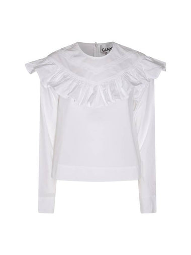 Poplin Frill Cotton Blouse White - GANNI - BALAAN 1