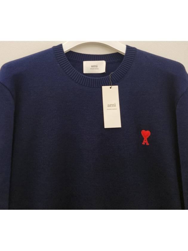 Heart Embroidered Logo Crew Neck Knit Top Navy - AMI - BALAAN 3